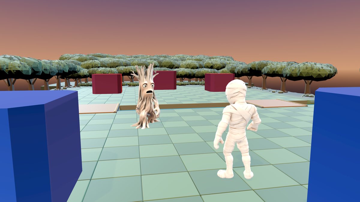 A Refuge test arena: a wrapped mummy character and a startled tree creature on a tiled floor, framed by blue and red blocks, with a low-poly forest under a dusk sky.